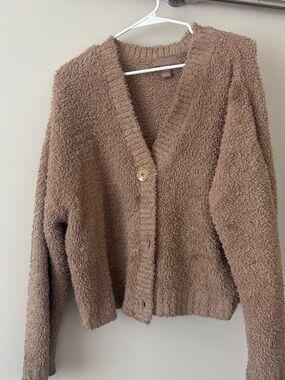 H&M Cozy Textured Brown Button-Front Cardigan